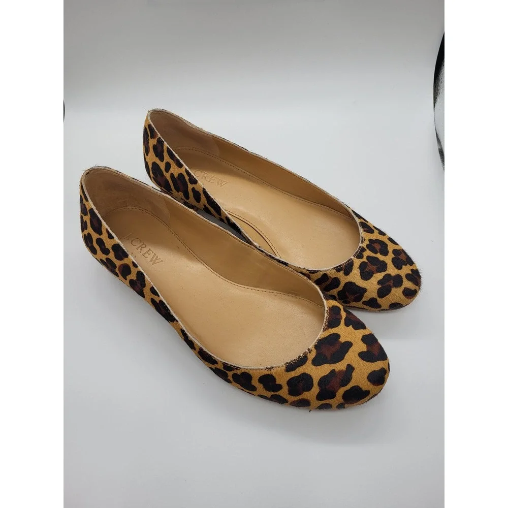 J.Crew Leopard Calf Hair Flats Low Block‎ Heel Brown Animal Print Size 7 Vegan